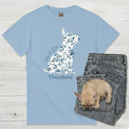 Personalised Frenchie Momma tee, light blue, with jeans and puppy beside floral silhouette print.