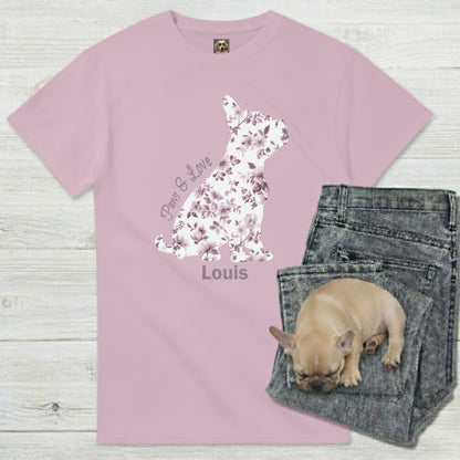 Personalised Frenchie Momma tee, pink, with jeans and sleeping French Bulldog puppy.