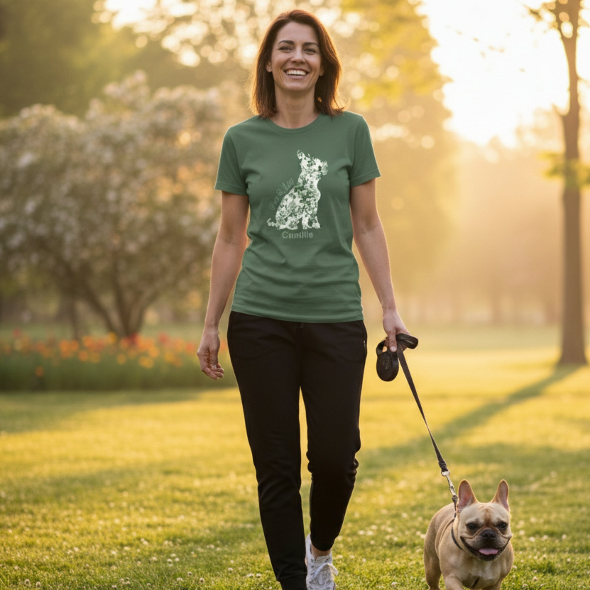 Personalised light blue Frenchie Momma tee french-tucked over jeans for a cosy Christmas at home.