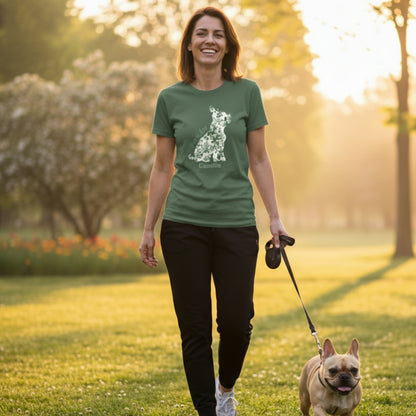 Personalised light blue Frenchie Momma tee french-tucked over jeans for a cosy Christmas at home.