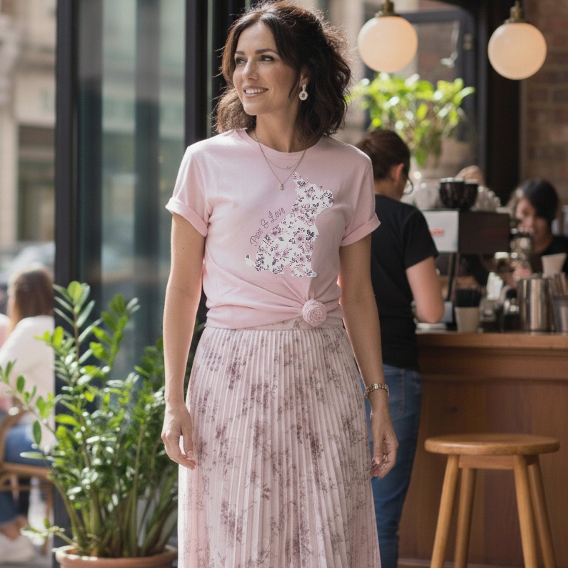 Personalised Frenchie Momma pink tee knotted over skirt for a coffee date, with custom name. 