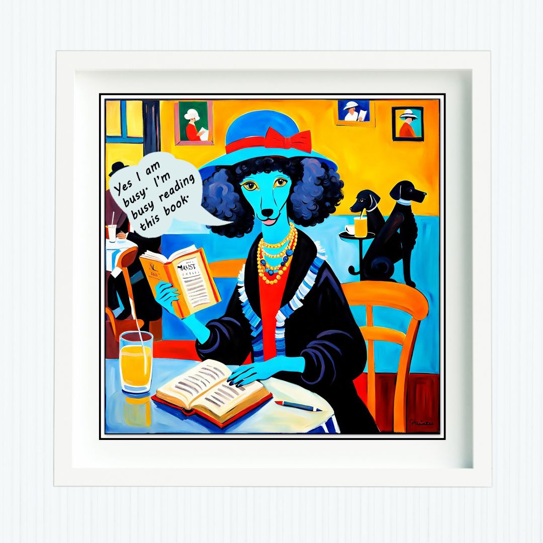 Colorful poster of a French poodle at a table with a book and glass, wearing a hat and reading a book.