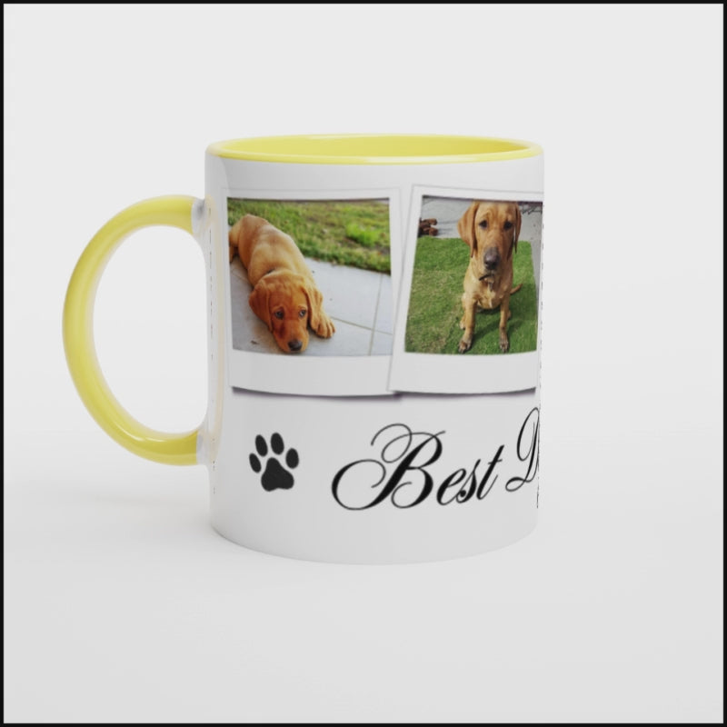 Personalize with 4 dog photos White 11oz Ceramic Mug with Color Inside for dog mum video all sides of mugs and directions 