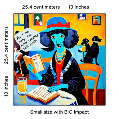 Colorful poster of a blue-skinned poodle reading a book with text overlay indicating size and impact.