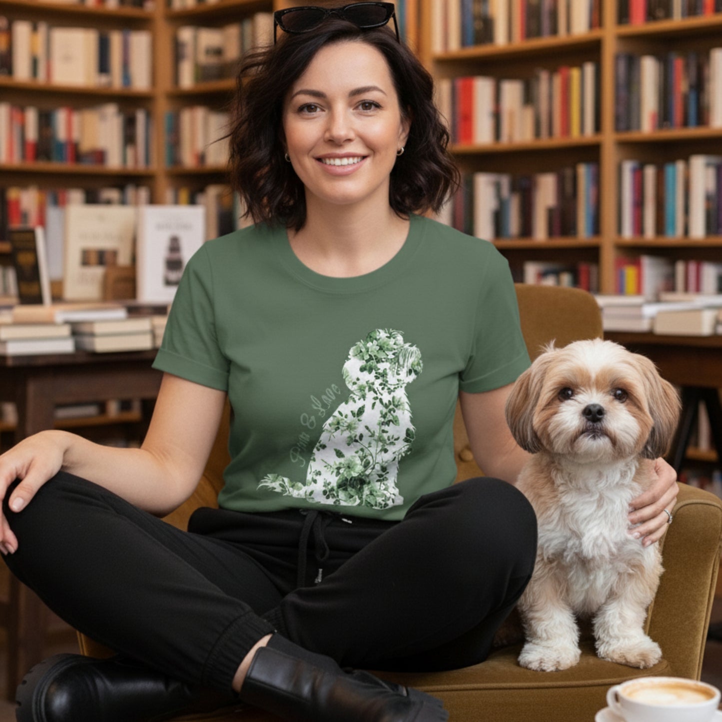 Woman wearing a green personalized t-shirt with a green floral graphic in the shape of a Shih Tzu, sitting with a small dog in a bookstore.