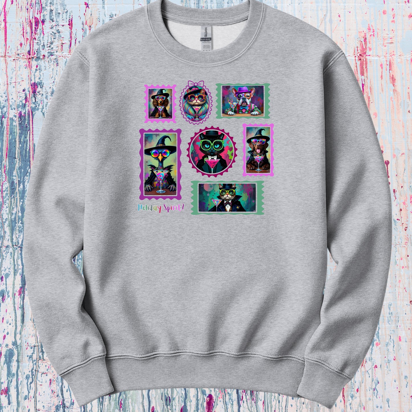 A sport gray sweatshirt with colorful graphic design of witchy cats,  enchanted dogs and a spooky goose in hats drinking colorful cocktails on a flat background