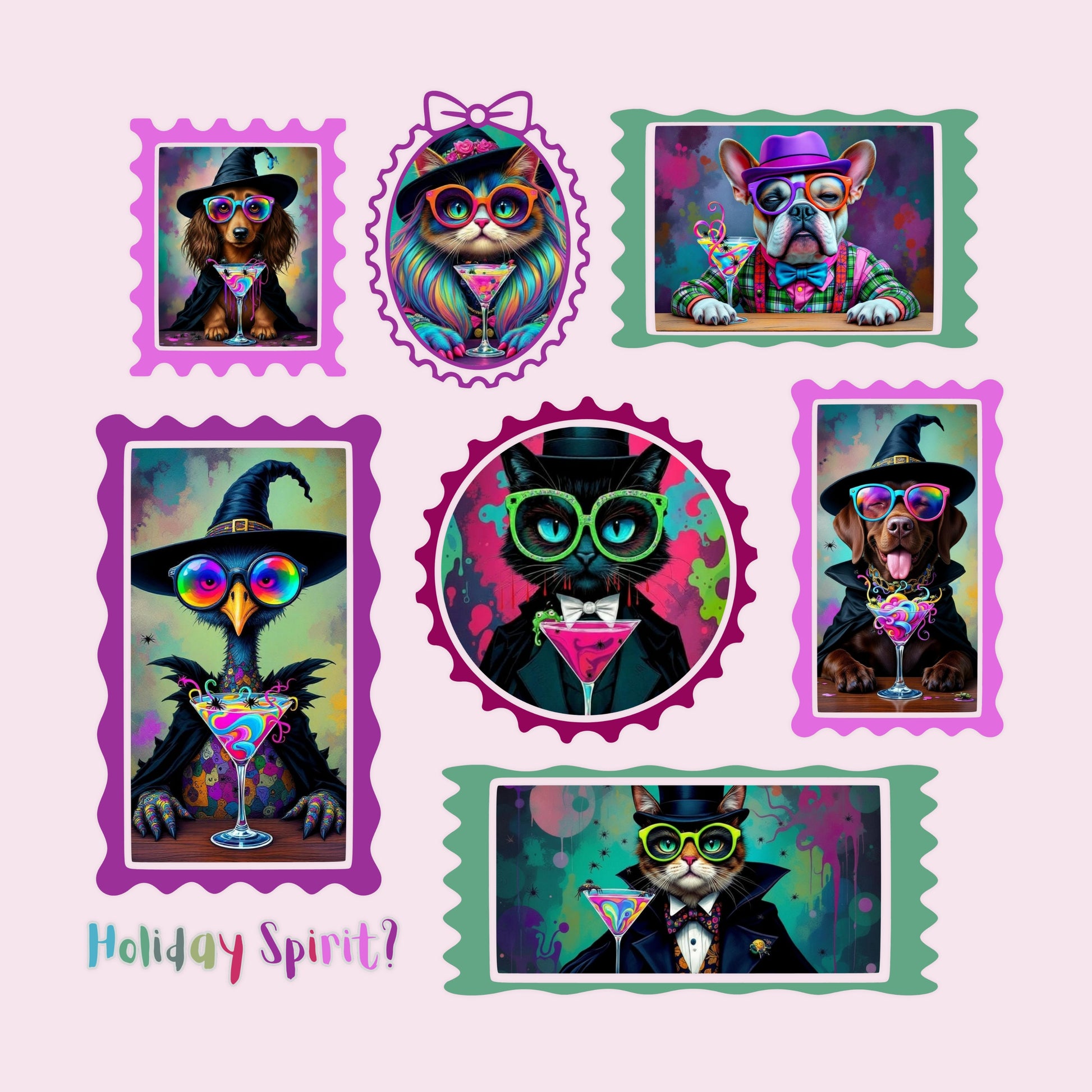 Collection of stylized  illustrations of brightly coloured retro stamps containing spooky dogs, cats and a goose in various Halloween outfits with a 'Holiday Spirit?' text on a pink background.