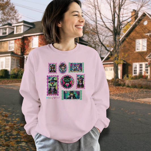 Woman wearing light pink sweatshirt with colorful graphic design of Witchy cats and dogs and a spooky goose in hats and sun glasses drinking colorful cocktails. She is walking in a neighbourhood on a autumnal evening.