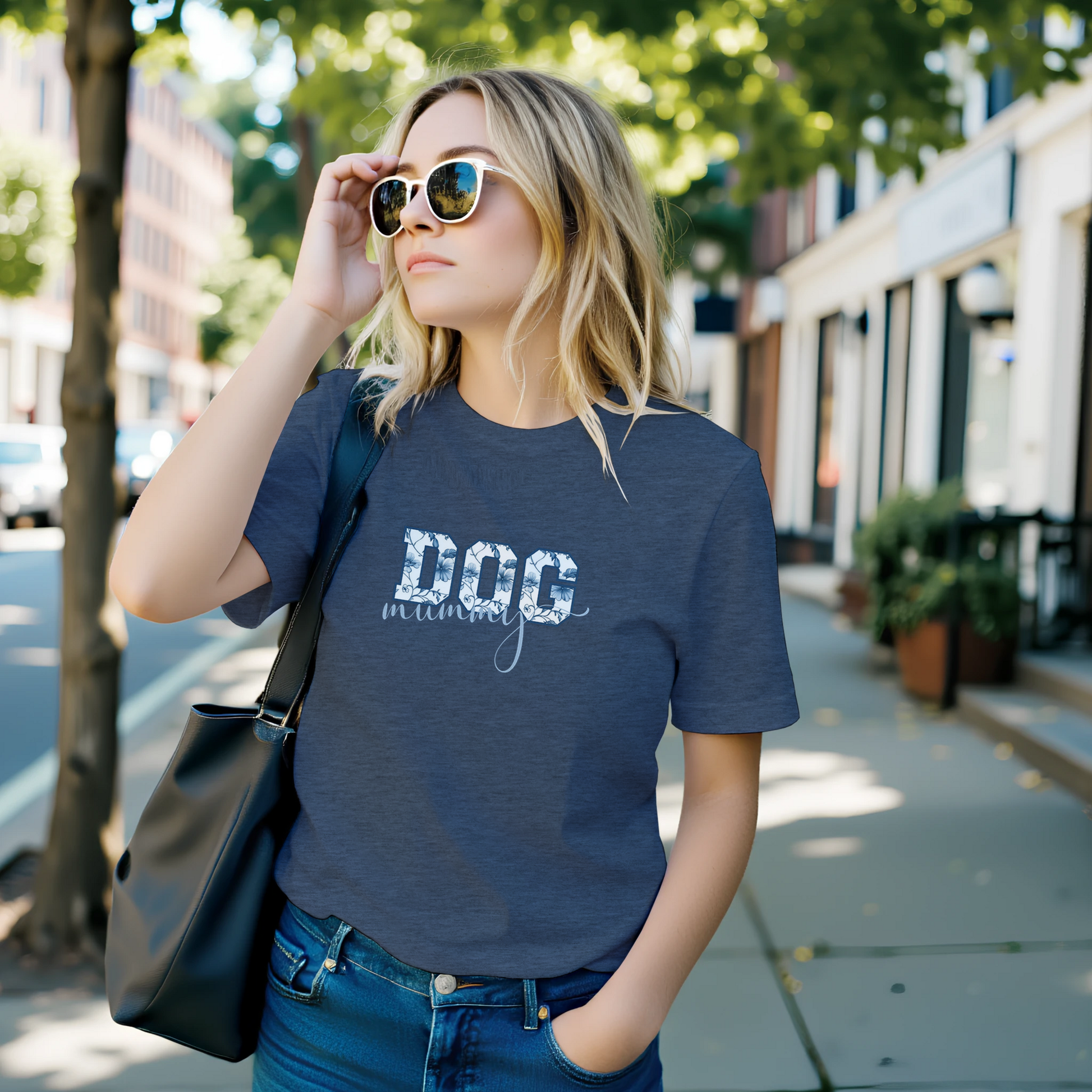 Woman wearing a navy blue t-shirt with 'DOG mom' text on a sidewalk.