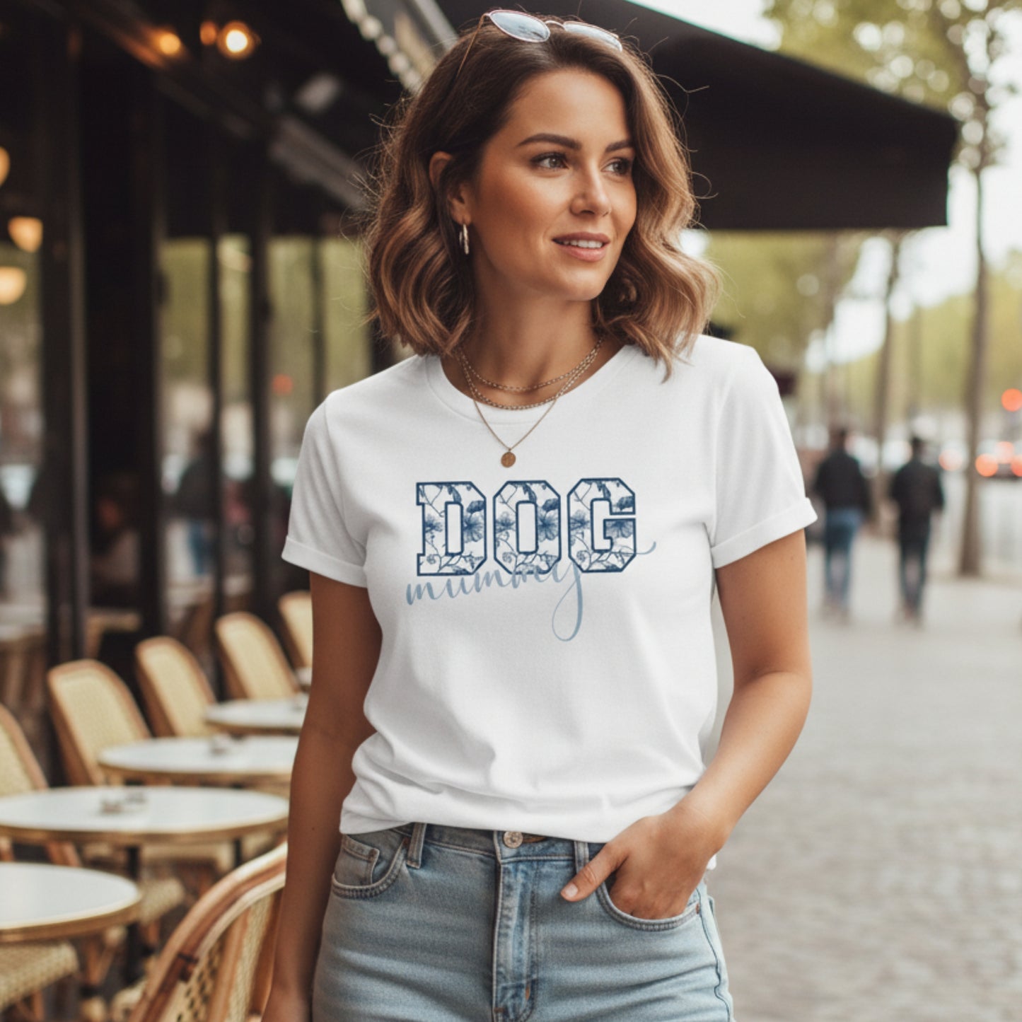 Premium Dog Mom T-Shirt  Blue Toile de Jouy  Custom Mommy/Mummy Gift