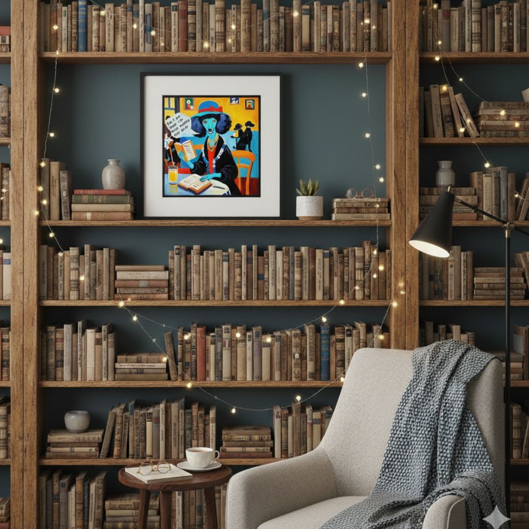 Bookshelf with books, a framed poster of a poodle reading a book, and a chair with a blanket in a cozy room.
