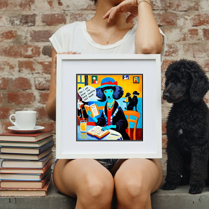 Person holding a framed artwork with a dog and books in the background